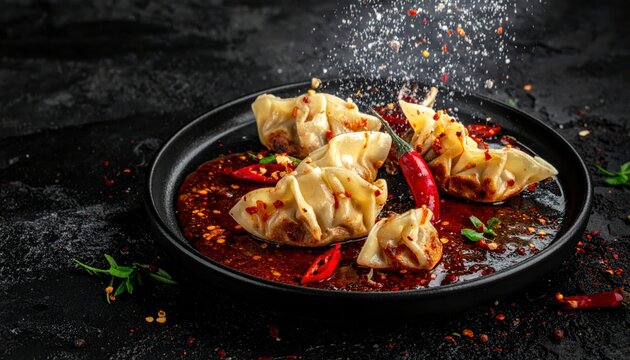 Spicy pan fried dumplings glistening in chili oil served on a dark plate
