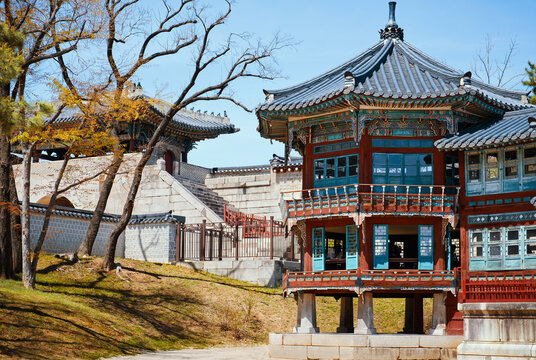 Pavilion Parujeong of Jibokjae Private Royal Library at Gyeongbokgung Palace in Seoul, South Korea. Beautiful building of traditional Korean architecture.