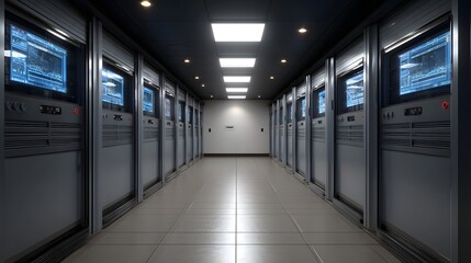 Obraz premium A sterile futuristic corridor lined with illuminated digital panels suggesting advanced data processing and centralized security systems