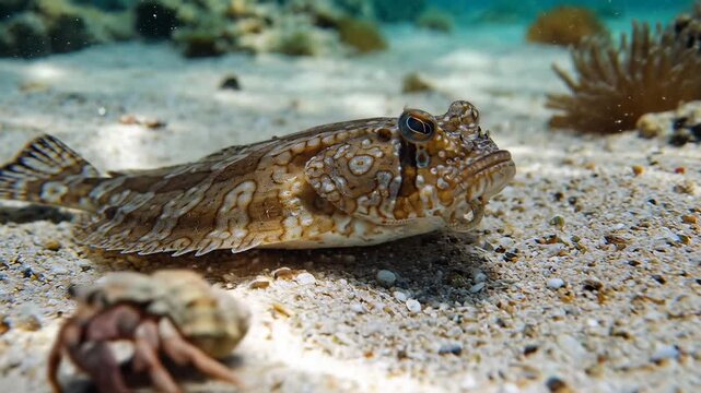 Closeup Underwater Shot of a Mudskipper Fish on Sandy Seabed.