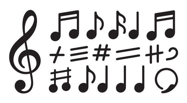 Set of musical notes and melodic symbols isolated on white background for design projects.