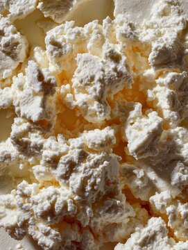 Fresh Cottage Cheese Curds White Creamy Crumbly Texture Macro Close Up Vertical Dairy Background