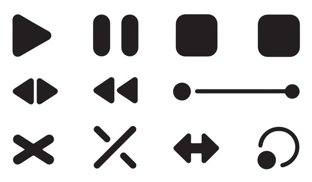 Standard media player control buttons set for digital interface and audio video software.