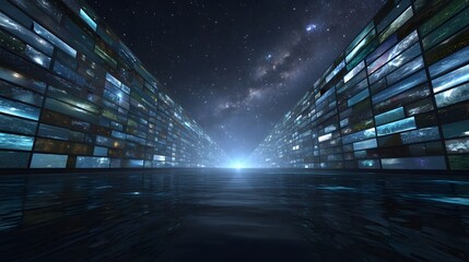 Fototapeta premium A mesmerizing passage through a digital tunnel lined with glowing data streams beneath a vast cosmic nebula sky
