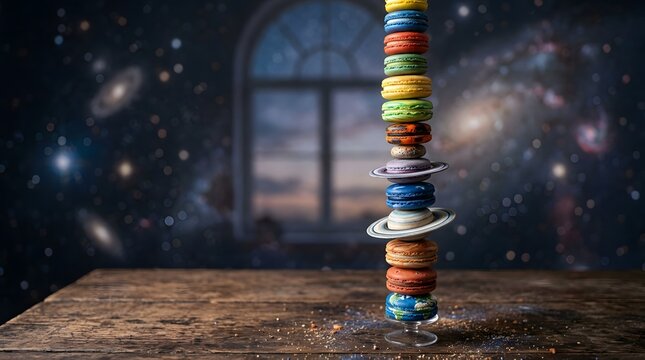Whimsical stack of colorful planet macarons creatively arranged on a wooden table