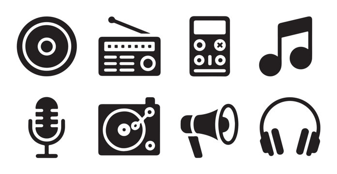 Audio and music equipment icons including radio and turntable on white background.