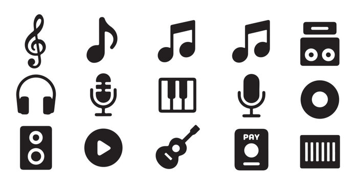 Musical instruments and audio playback icons arranged in rows on white background.