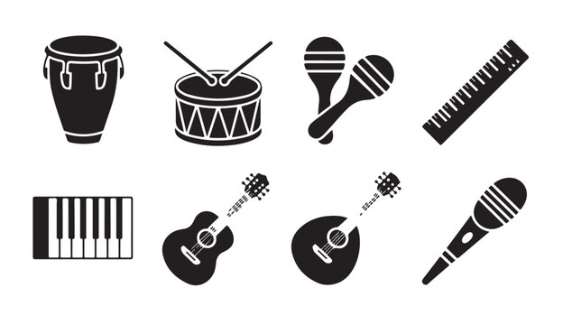 Black silhouette collection of musical instruments featuring drums maracas and keyboards.