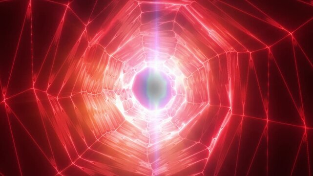Abstract pink hexagonal tunnel with reflective glowing walls and bright central light