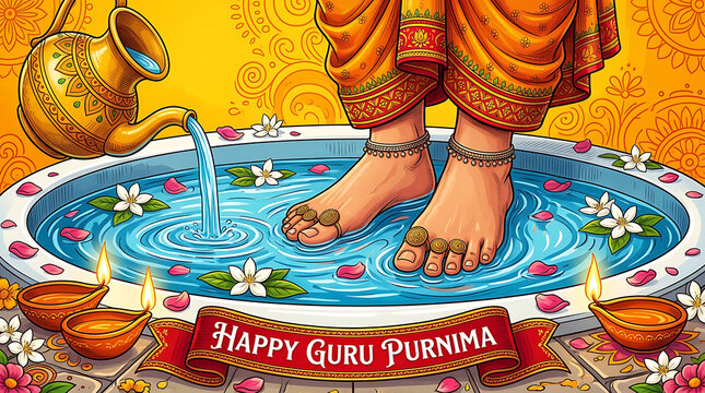 Guru Purnima Celebration Feet Receiving Sacred Bath and Diya Lamps