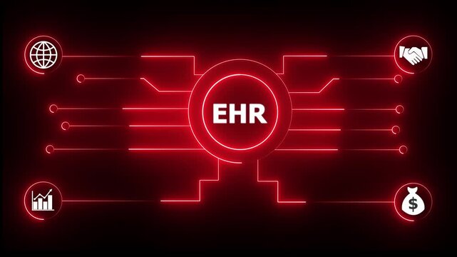 Glowing neon sign Business EHR concept animated. EHR management concept. Glowing neon line EHR Product lifecycle management system technology . 4k Animation video.