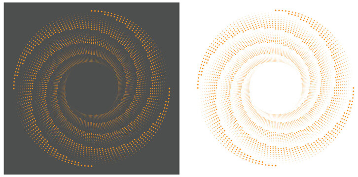 Halftone circular dotted frames set. Circle dots texture isolated on white background. A black figure on a white background and an equally white figure on the black side.