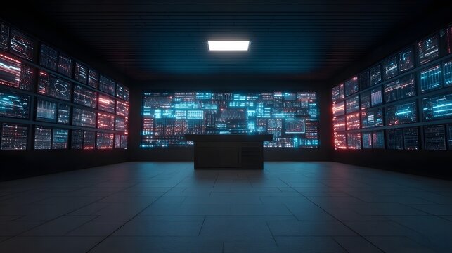 A futuristic control room featuring illuminated data screens and a central command console suggesting advanced data analysis and networking ope ns