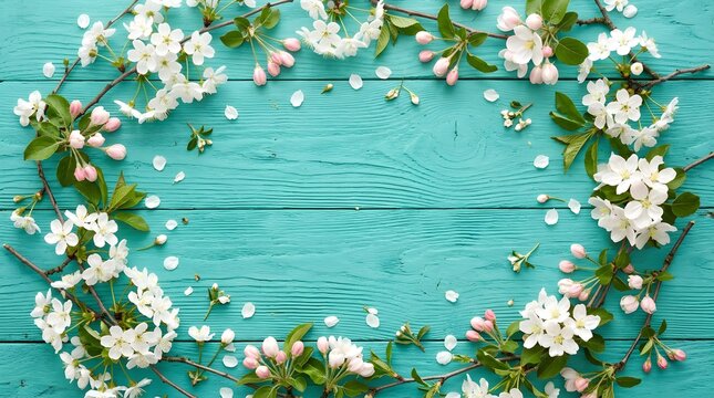 White cherry blossoms on turquoise wooden background.