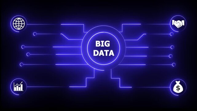 Glowing neon sign Business BIG DATA concept animated. BIG DATA management concept. Glowing neon line BIG DATA Product lifecycle management system technology.4k video.