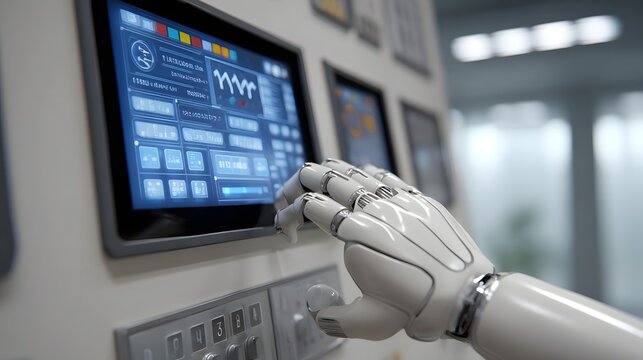 A metallic robotic hand interacts with a high tech control panel displaying complex real time system data in a modern laboratory setting