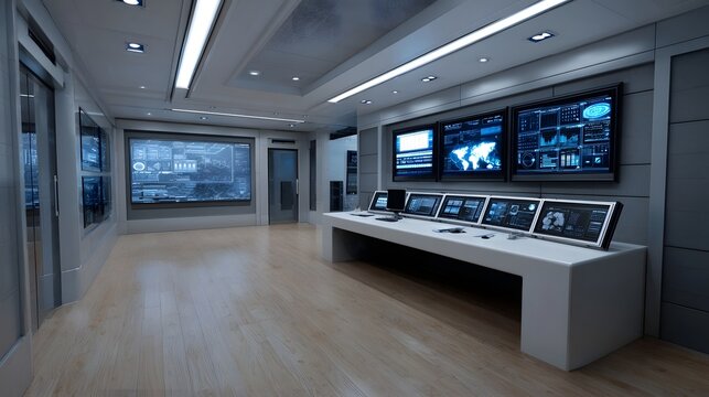 A sophisticated high tech control room featuring multiple illuminated screens and a sleek ope nal console