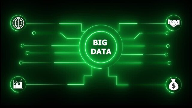 Glowing neon sign Business BIG DATA concept animated. BIG DATA management concept. Glowing neon line BIG DATA Product lifecycle management system technology.4k video.