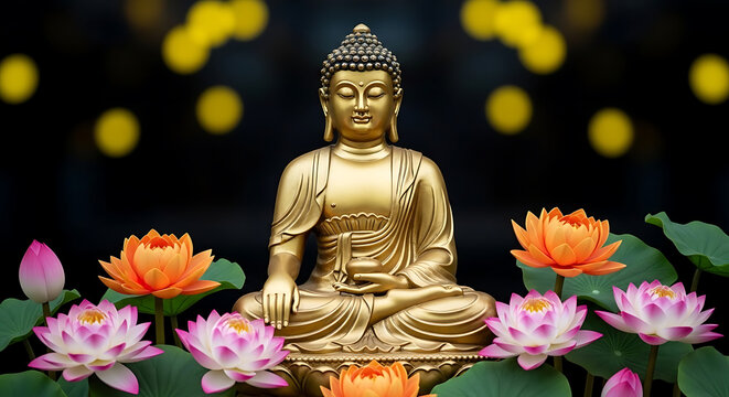 Golden Buddha Statue Surrounded by Lotus Flowers and Bokeh Lights