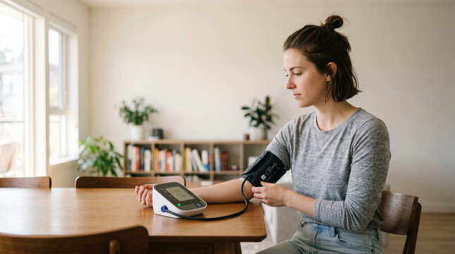 Health Monitoring at Home: A woman in her home taking a blood pressure reading with a modern digital monitor, demonstrating self-care and health awareness.