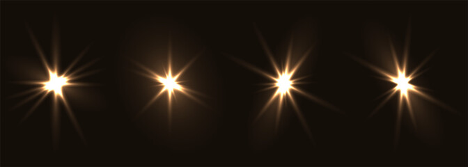 Golden fash light vector set on black background. Sparkle shining magic holiday starlight. Festive glow yellow flashing lights collection. © Biod