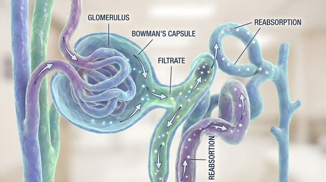 3D Medical Illustration of Kidney Nephron Anatomy and Function