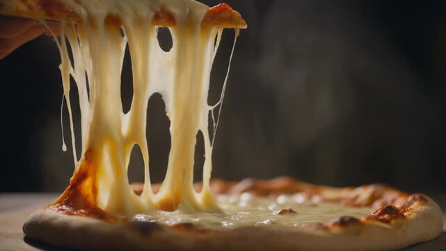 Close-up of a delicious hot pizza slice being pulled, showing long, stretchy melted mozzarella cheese strings against a dark background.
