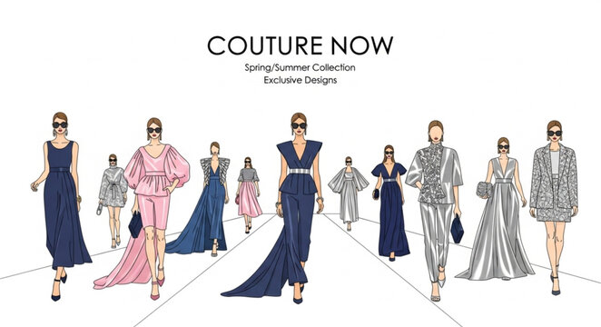 Fashionable women in elegant haute couture gowns on a runway.