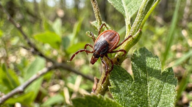 Ixodes tick sitting on green grass blade in forest. Dangerous parasite causing Lyme disease and encephalitis. Nature wildlife macro shot, medical risk of insect bite in summer.