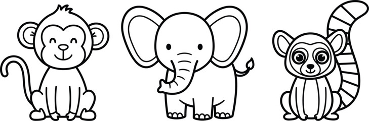 Cute Animal Line Illustration Set Featuring Monkey, Elephant, and Lemur Characters with Minimal Cartoon Style for Kids Design Collection © MDMUNNA