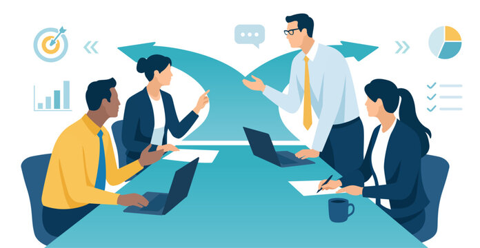 Discussing strategy and direction. The team sits at a table that continues into the shape of a forking arrow. sign. Business vector illustration.
