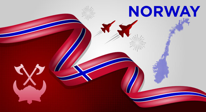 Norway Flag Wave Background with Map and Ribbon Style Vector Illustration
