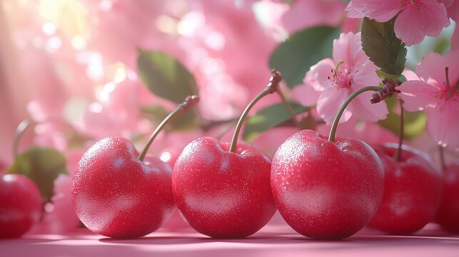 Close up of ripe red cherries covered with water droplets on a pink surface, with soft bokeh and spring blossoms in the background, fresh seasonal fruit concept