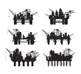 Obraz premium A set of offshore oil platform silhouettes of various designs. Concept of an industrial drilling rig for mineral extraction. Resource exploration and production.