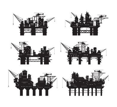 A set of offshore oil platform silhouettes of various designs. Concept of an industrial drilling rig for mineral extraction. Resource exploration and production.