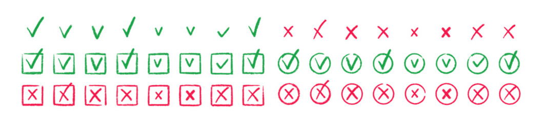 Check marks doodle with crayon texture. Checkbox, checklist, tick and cross signs, v and x in hand drawn style. Vector green and red sketch illustration. © Arina