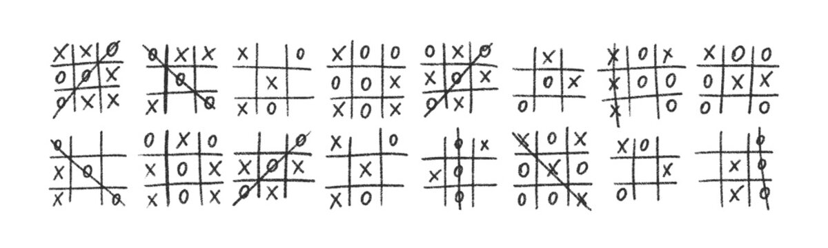 Hand drawn tic tac toe game, doodle X-O elements. Noughts and cross marks. Black vector illustration.