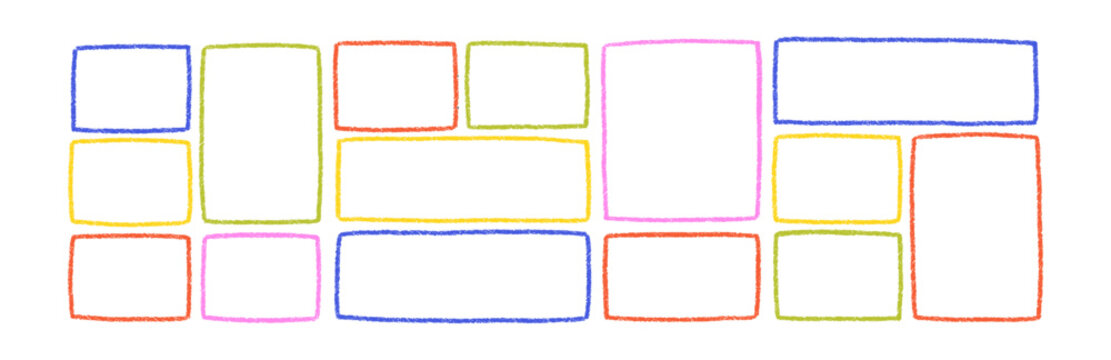 Set of marker rectangles and squares. Hand drawn vector geometrical shapes, sketch frames for text and pictures. Outline color vector illustration with speech bubbles.