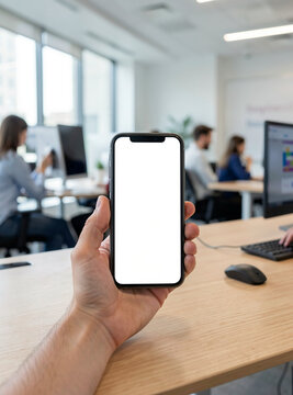 Person presenting an unbranded phone in a modern office setting