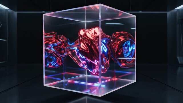 A white glass cube suspended on a deep black backdrop, liquid acrylic surfaces glowing in red, purple and electric blue with crisp reflections and cinematic contrast, sleek cyberfuturistic atmosphere
