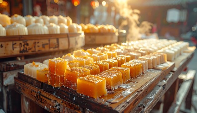 Assortment of delicious sticky rice cakes, nian gao, steaming on a wooden surface at a vibrant market