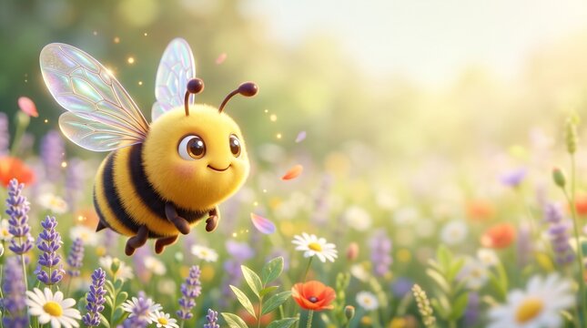 A cute bee flying over a field of wildflowers in bright sunlight. The bee is cartoonish and charming