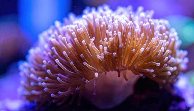 Close-up of a beautiful coral polyp with extended tentacles capturing food in its marine habitat