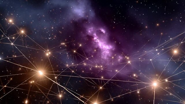 Purple nebula with golden starfield and connecting light nodes, filament lines form web across deep space, warm amber highlights and scattered dust, countless