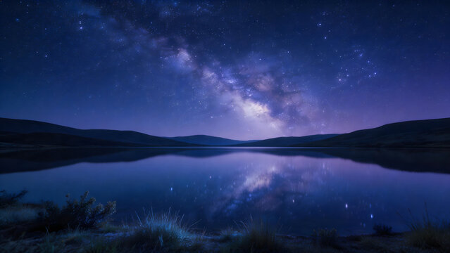 Night sky with stars and lake reflection