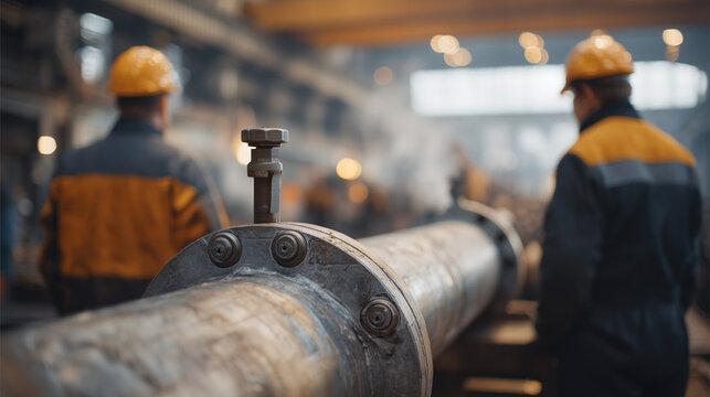 A process engineer watching a controlled fluid flow through a transparent industrial pipe with a deliberate bottleneck valve fitted mid-section. Busy factory backdrop, colleagues monitoring readouts