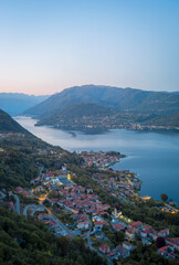 Panorama at the dusk of the Orta Lake (Piedmont, Northern Italy), seen from the top of Madonna del Sasso Sanctuary, over the western banks of the lake (UNESCO Site). © stefanopez