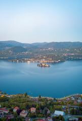 Panorama at the dusk of the Orta Lake (Piedmont, Northern Italy), seen from the top of Madonna del Sasso Sanctuary, over the western banks of the lake (UNESCO Site). © stefanopez