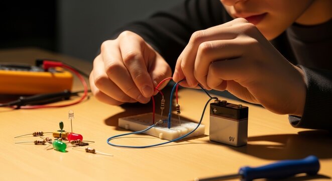 Student assembling a simple electronics circuit with wires and battery