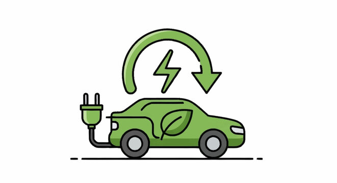 Green electric car charging with a leaf symbol and lightning bolt, representing eco-friendly transportation and sustainability.